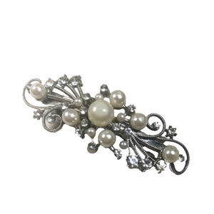 Moon And Stars Hair Barrette Tension Clip Silver Tone Faux Pearl Rhinestone